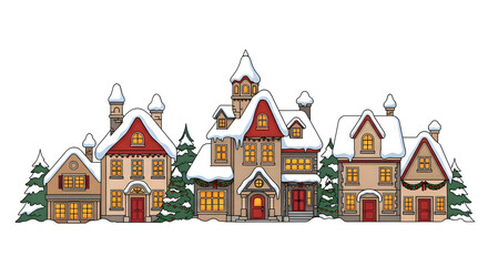 Charming Snowy Village Scene with Festive Houses and Evergreen Trees on a White Background