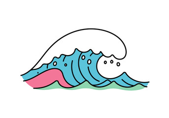 Stylized wave with white crest blue body pink base and green waterline outlined in black
