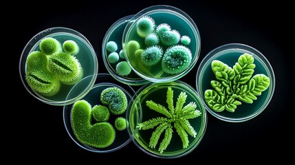 Top-down view of Petri dishes with green microalgae, highlighting the microscopic wonders of plant life.