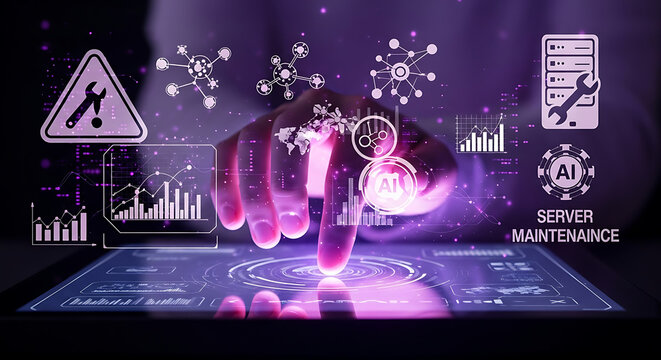 Hand interacting with digital interface showing ai server maintenance and data analysis graphics