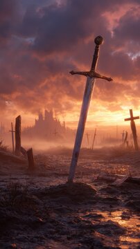 Epic Sword Sunset Battlefield Ruins Graves