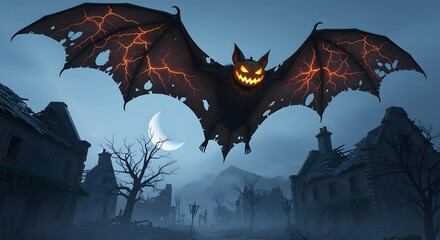 A halloween scene featuring a large bat with a jack o lantern face flying over a spooky village at night