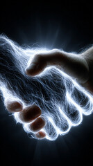 A modern digital handshake formed by glowing blue lines and energy streams, symbolizing trust, partnership, technology, and futuristic business collaboration in a connected digital world.