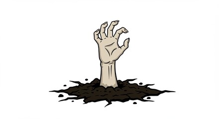 Cartoon Hand Reaching Up From Brown Dirt on White Background