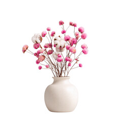 Delicate pink and white blossoms in a white ceramic vase isolated on transparent background