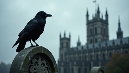 A solitary black crow perches on a weathered stone monument with a gothic cathedral in the background