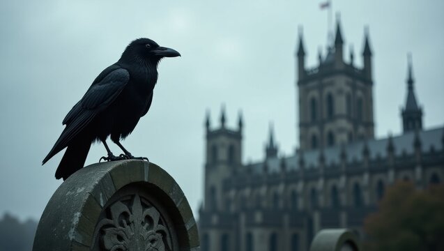 A solitary black crow perches on a weathered stone monument with a gothic cathedral in the background