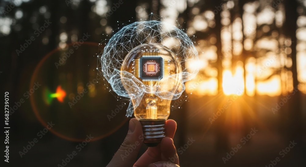 Poster hand holding glowing lightbulb with a i brain and c p u chip at sunset artificial intelligence techn