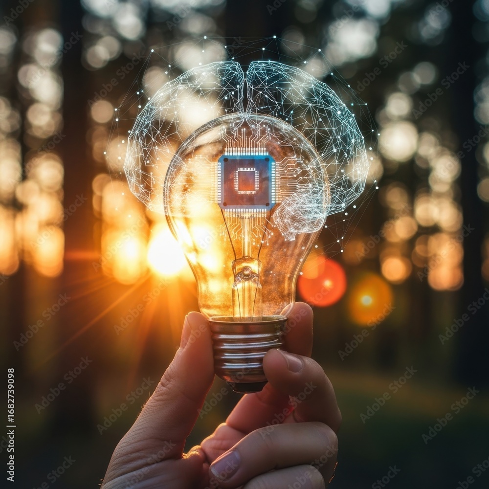 Poster hand holding glowing lightbulb with digital brain and microchip at sunset image