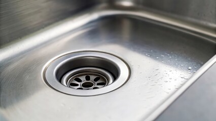 Detailed view of kitchen sink drain &mdash; spotless surface, smooth water supply