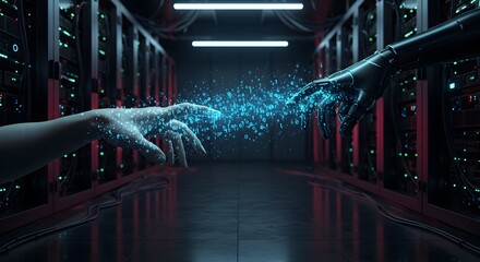 Human and Robot Hand Reaching with Digital Binary Code Connection in a Server Room