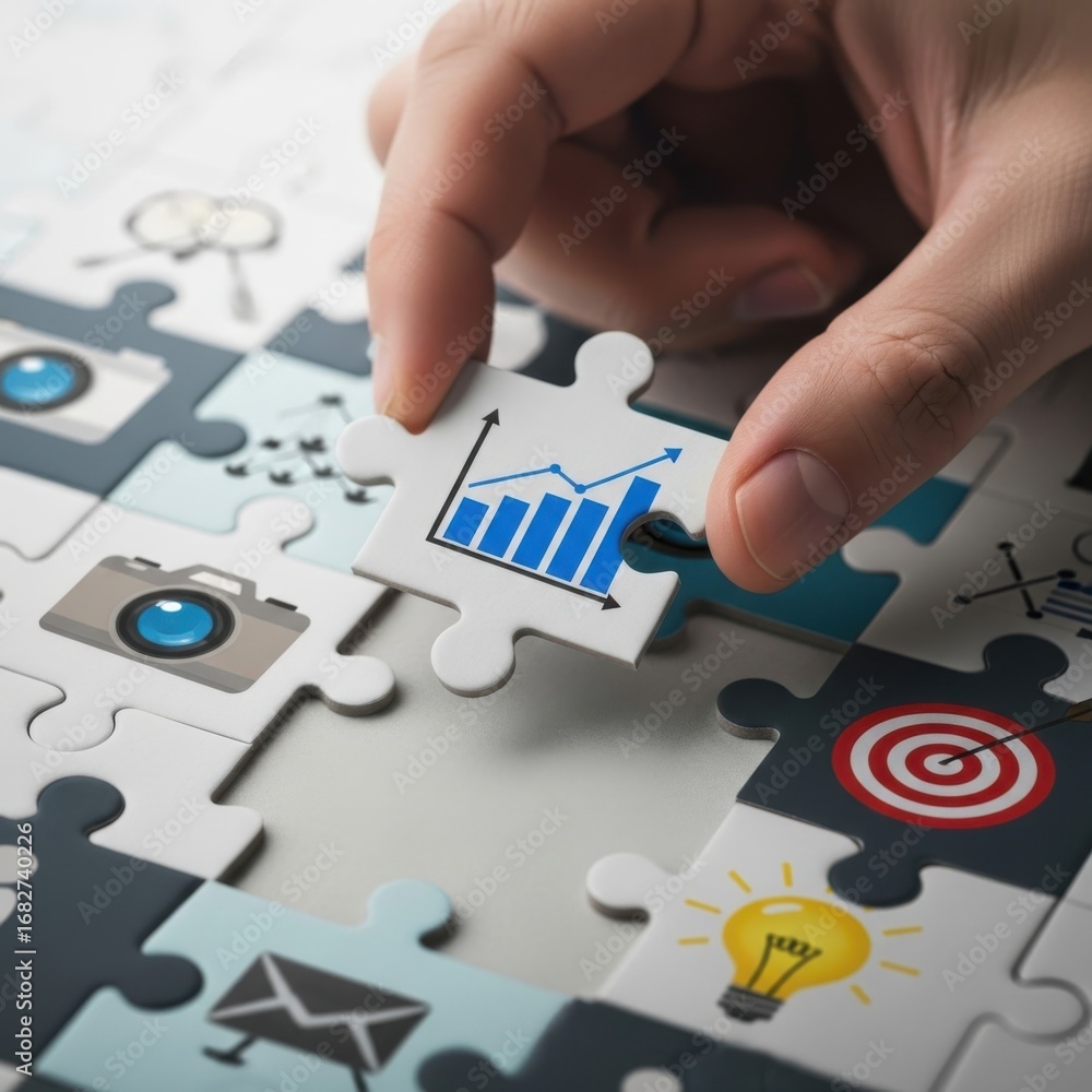 Poster hand placing puzzle piece with blue bar graph and line chart into assembled puzzle jigsaw