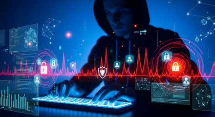 A hooded figure types on a keyboard with digital security icons and data visualizations overlayed on the screen