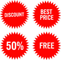Vector art of red discount stickers with best price and 50 off. EPS Vector