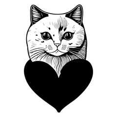 Monochrome feline affection a sketched portrait of a cat holding a heart for valentine's concept
