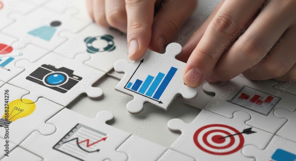 Poster Hands placing puzzle piece with blue bar graph into assembled puzzle with business icons jigsaw puzzle