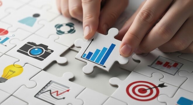 Hands placing puzzle piece with blue bar graph into assembled puzzle with business icons jigsaw puzzle