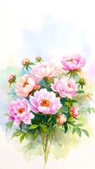 Fototapeta premium Watercolor painting of peonies in soft pinks and light greens
