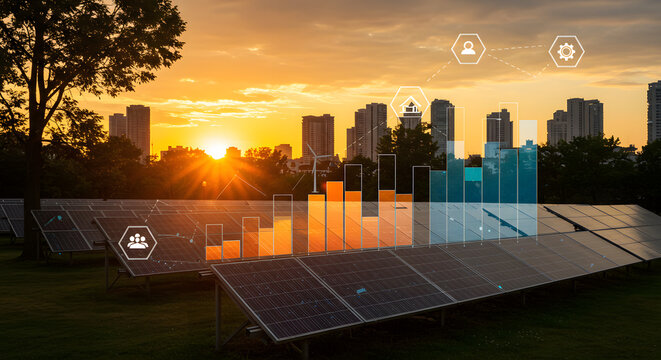 Urban Solar Integration: A Digital Composite of a City Park at Golden Hour Featuring Modern Solar Panels Amidst Trees and Architecture, Overlaid with Glowing Energy Data Bar Charts and Renewable Symbo