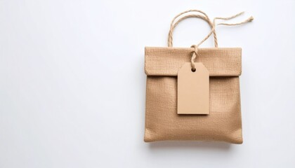 Minimalist brown gift bag with a blank tan tag, jute handles, on a plain white background. Flat lay composition with neutral tones