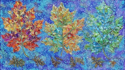 Mosaic Style Autumn Maple Leaves on Blue Background