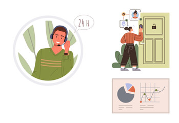 Support agent with headset, person securing door with biometric access, analytics graphs. Ideal for customer service, security, technology, data visualization, remote assistance, privacy