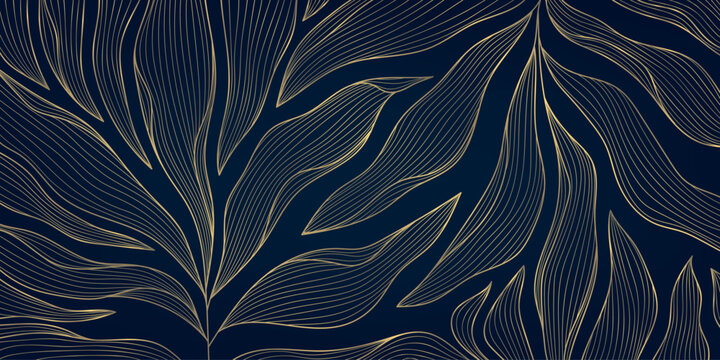 Vector art deco leaf line golden background, plant floral luxury abstract texture, elegant linear fancy dark wallpaper. Nouveau foliage pattern, garden print.