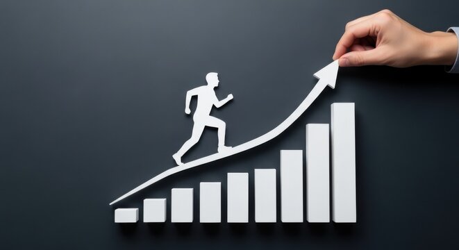 White silhouette of man running up rising graph with arrow and hand adjusting growth success