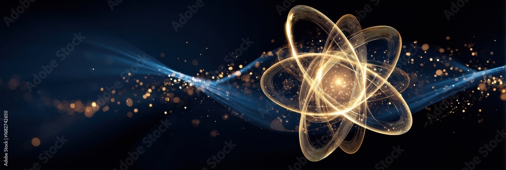 Poster visual representation of an atom with glowing particles and waves creating an abstract scientific il