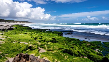 Naklejka premium A scenic coastal landscape with a rocky shore and vibrant green seaweed