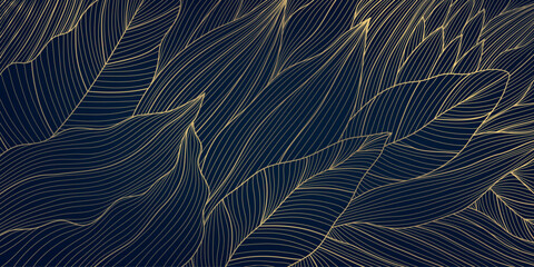 Vector art deco leaf line golden background, plant floral luxury abstract texture, elegant linear fancy dark wallpaper. Nouveau foliage pattern, garden print.