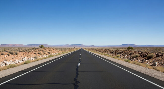 Endless desert highway stretches towards distant mesas under a vast, clear blue sky - Powered by Adobe
