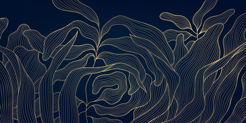 Vector art deco leaf line golden background, plant floral luxury abstract texture, elegant linear fancy dark wallpaper. Nouveau foliage pattern, garden print.
