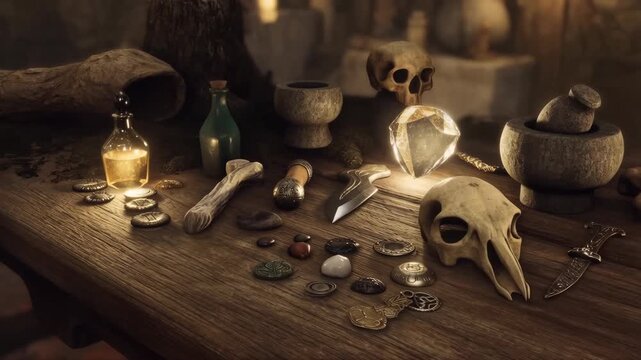 Witchcraft table showing occult ritual objects