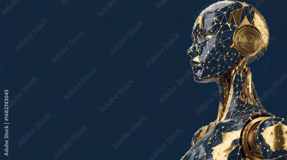 Aufkleber futuristic robotic figure showcasing advanced design and intricate details in a minimalist blue back