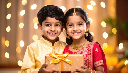 Two smiling children holding a gift with gold bow, dressed festively against blurred lights