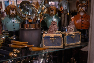 Owl statuettes in a shop window