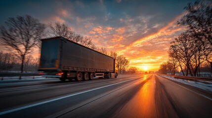 Semi Truck Driving Sunset Highway Winter Landscape