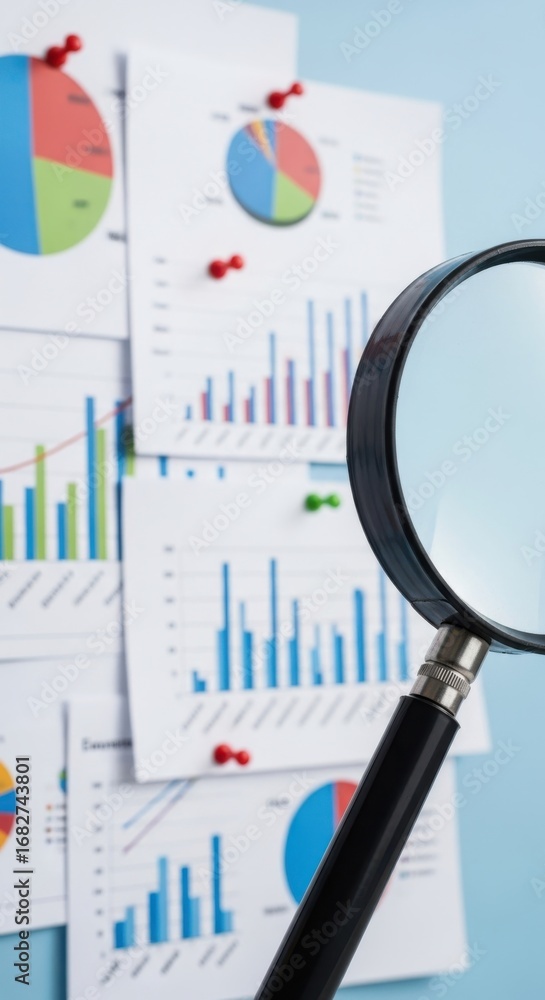 Poster magnifying glass over charts and graphs showing business data analysis research