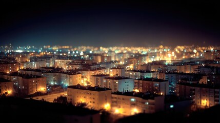 Fototapeta premium A nighttime cityscape with warm lights and a dreamy bokeh effect.