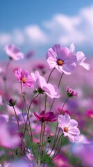 Fototapeta premium Delicate Pink Cosmos Flowers in a Field under Blue Sky