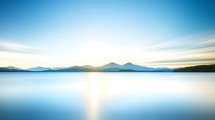 Fototapeta premium Sunset glow over calm sea horizon in high-resolution 4K, taken with 85mm f1.8 lens, soft cinematic depth and warm tones