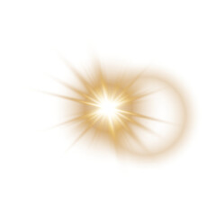 Realistic Gold Glowing Flash with Rays and Circular Optical Halo on Transparent Background