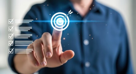 Man's finger touching digital target with checklist on screen goal success