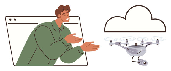 Man emerging from web interface gestures towards hovering surveillance Quadcopter next to cloud icon. Ideal for technology, innovation, control, communication, surveillance, automation, cloud storage