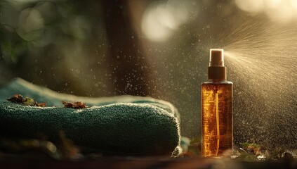 Amber spray bottle on teal towel, sunlit forest backdrop