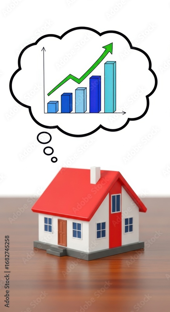 Poster miniature house with rising graph in thought bubble model building