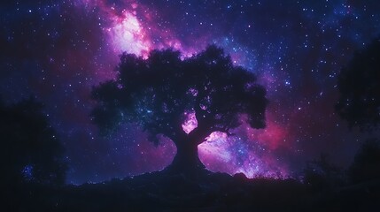 Obraz premium Silhouette tree glowing under magical starry galaxy night sky high resolution picture