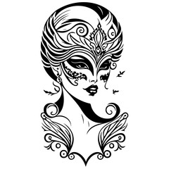 Mysterious masked woman vector illustration featuring intricate headpiece and elegant mask design