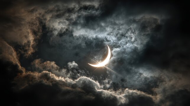 Partial Solar Eclipse Dramatic Sky Clouds Sun Moon Light - Powered by Adobe